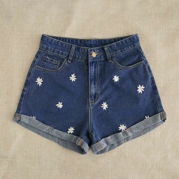 SHEIN Pants - SHEIN Floral Denim Shorts